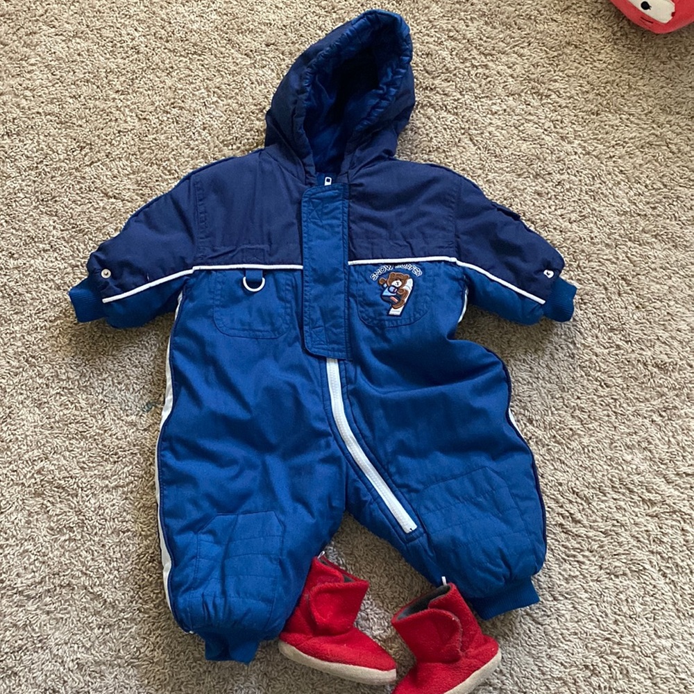 Baby snowsuit and red soft boots - 12 months